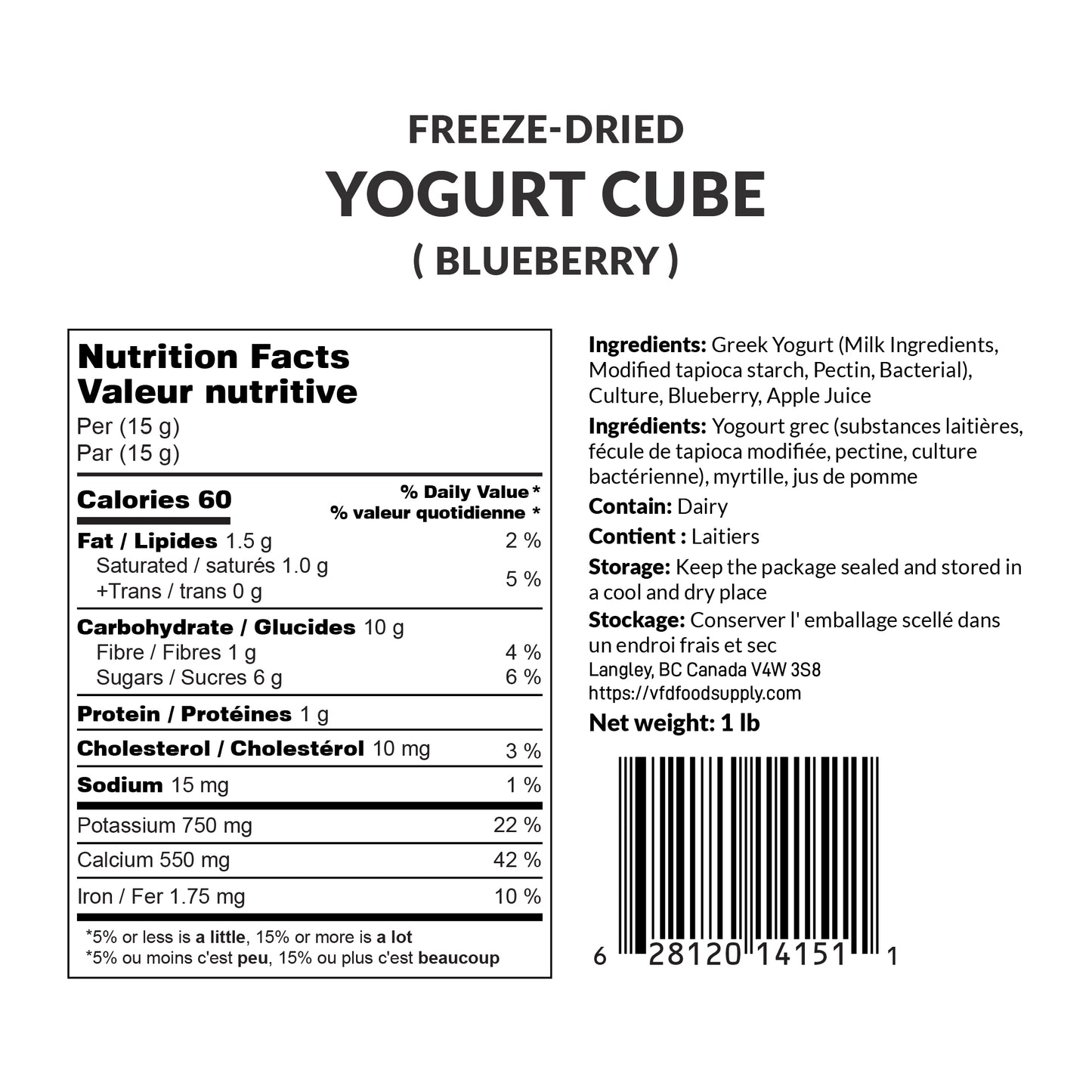 1 lb Freeze-Dried Yogurt Cubes (Blueberry) – Made with Real Canadian Yogurt – No Sugar Added, 100% Natural - Resealable Pouch