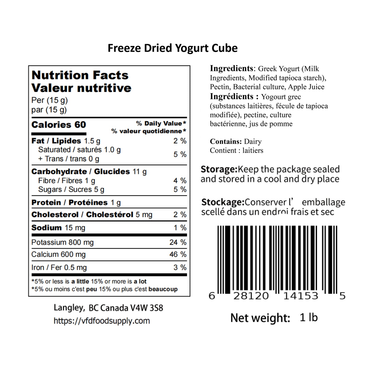 1 lb Freeze-Dried Yogurt Cubes (Plain) – Made with Real Canadian Yogurt – No Sugar Added, 100% Natural - Resealable Pouch